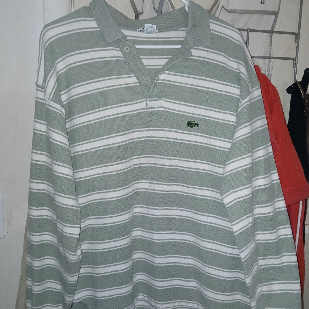 Izod Lacoste Men's Polo in Sage and White Stripes Alligator